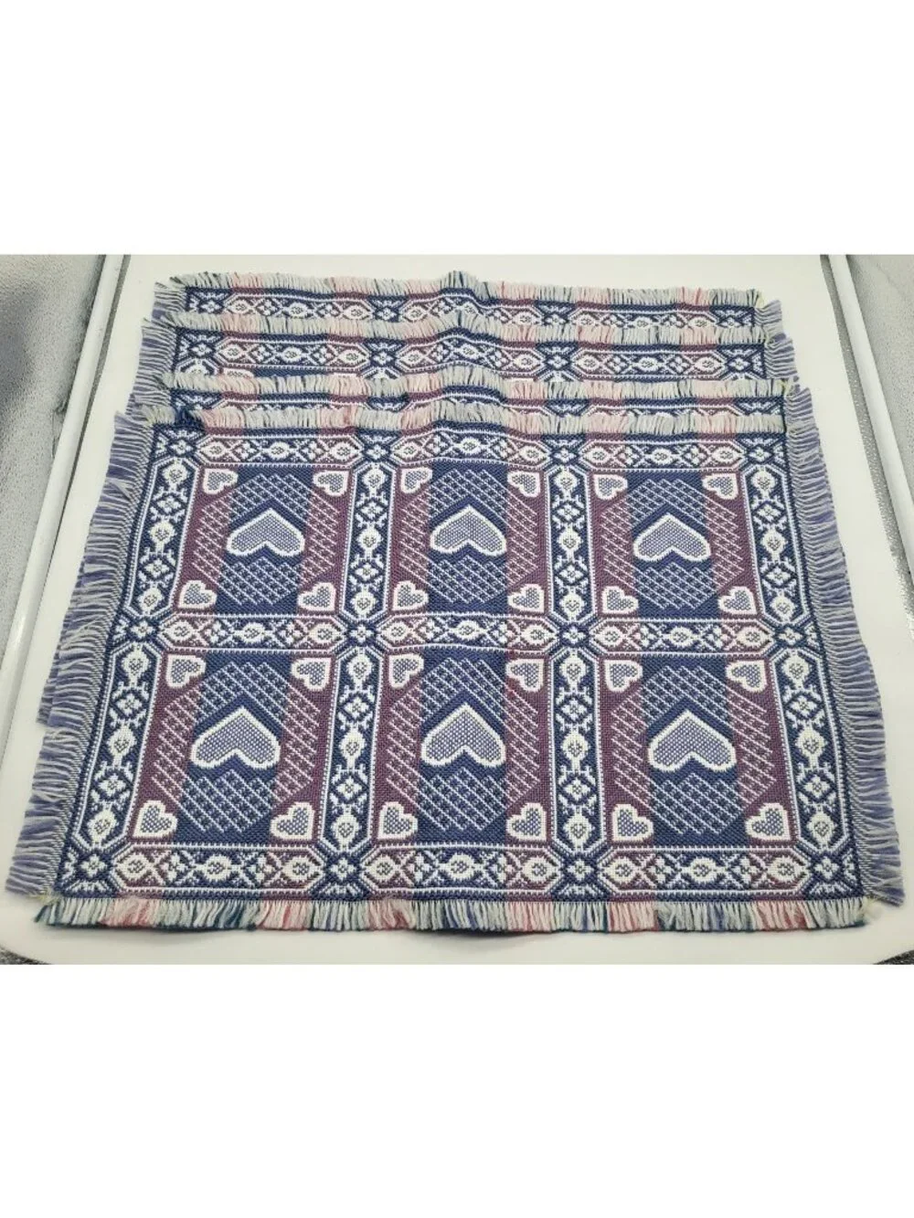 Vintage Country Hearts Placemats x 4 Blue Pink Cottagecore Woven Tapestry